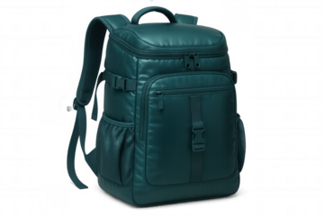 Studio shot of a teal backpack with multiple compartments and zippers, isolated on a transparent background