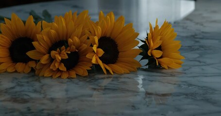 Shifting camera capturing sunflower reflections on marble counter, showing petals and dark centers - Powered by Adobe