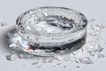 Clear glass ring filled with ice crystals, scattered shards