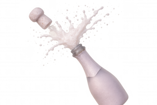 Champagne cork bursting, sparkling wine foaming dramatically, festive moment capturing celebratory excitement against transparent backdrop