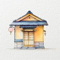 Obraz premium Watercolor painting of a small, quaint building with traditional Japanese architecture
