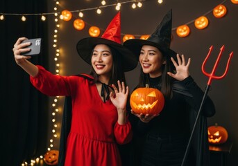 Two young women in witch costumes taking a selfie with a pumpkin and trident during halloween festivities with string lights