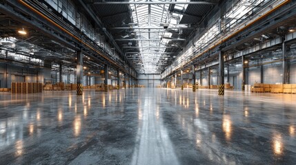 Fototapeta premium Empty industrial warehouse interior, polished concrete floor