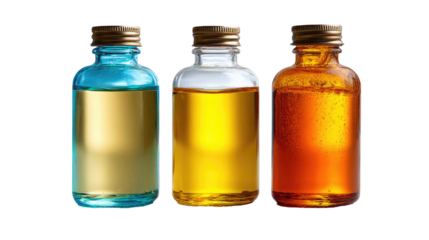 Three bottles of liquid, likely oils or essences, in varying colors