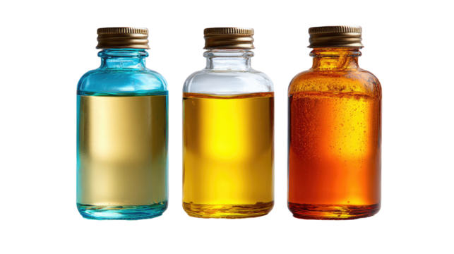Three bottles of liquid, likely oils or essences, in varying colors