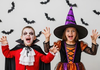 Two children dressed as a vampire and witch for halloween, posing excitedly against a wall decorated with bats