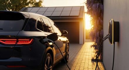 Glossy black electric SUV charging at sleek black wall-mounted AC charger with yellow LED, garage with rooftop solar panels in background, wisteria, golden hour sunlight