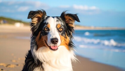 Dog at beach, happy expression