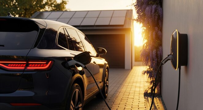 Glossy black electric SUV charging at sleek black wall-mounted AC charger with yellow LED, garage with rooftop solar panels in background, wisteria, golden hour sunlight
