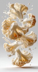 Cauliflower florets in mid-air, with fragmented pieces
