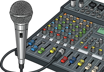 studio microphone and audio mixer colorful soundboard and mic setup
