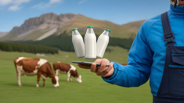 Farmer monitors fresh milk bottles with smartphone in scenic pasture with cows