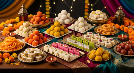Indulge in vibrant Indian sweets and festive decorations, perfect for joyous celebrations and cultural events.