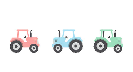Naklejka premium Three Cute Pastel Colored Tractors in a Row On a White Background Perfect for Childrens Farm Themed Decorations and Graphics 