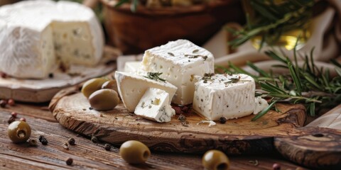 Goat Cheese Board Olives Wood Board Mediterranean