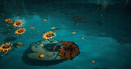 Gentle ripples causing sunflowers drifting on teal pond, scattering petals and shifting lily pad - Powered by Adobe