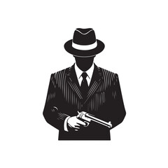 Black and white illustration of a man in a fedora and pinstripe suit holding a revolver vector