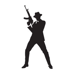Man in suit and fedora holding automatic rifle silhouette vector
