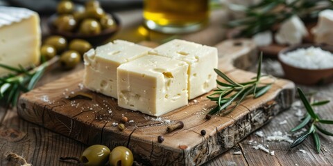 Goat Cheese Board Olives Wood Board Mediterranean