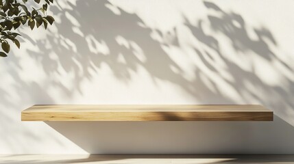 Empty copy space image of a wooden plank on a white wall background illuminated by sunlight casting a tree shadow Ideal for presenting products in a mockup scene