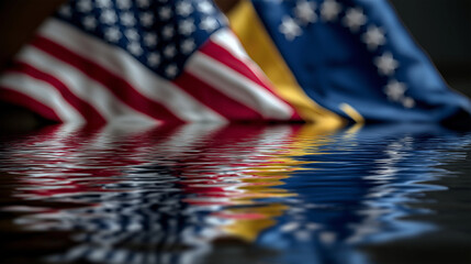 Flags reflected in water symbolizing unity and diversity outdoor setting artistic photography
