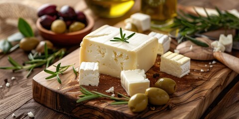 Goat Cheese Board Olives Wood Board Mediterranean