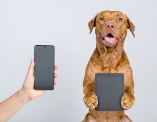 Dog holding tablet and phone