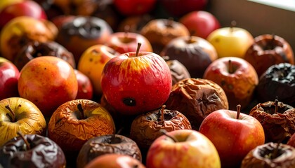 Close-up of many apples, some fresh, some decaying