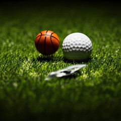 Naklejka premium Miniature basketball and golf ball rest on green artificial turf, alongside a small metallic object.