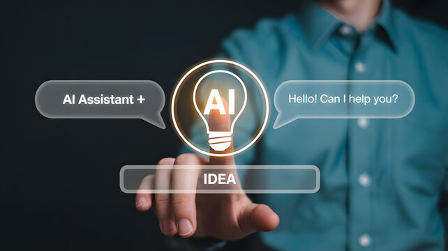 Person interacts with AI assistant interface featuring lightbulb and chat bubbles