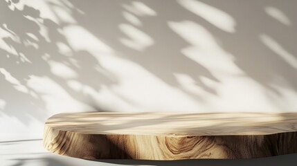 Empty copy space image of a wooden plank on a white wall background illuminated by sunlight casting a tree shadow Ideal for presenting products in a mockup scene