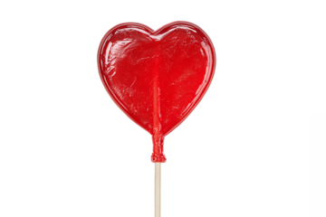 Sweet red heart-shaped lollipop on a stick, isolated on white transparent background