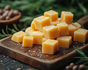 Golden Salted Caramel Cubes on Rustic Wooden Board