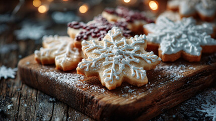 Fototapeta premium Realistic Photography Prompts of Snowflake Christmas Cookies on Wooden Board, Generative AI 