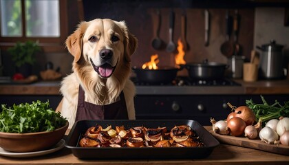 Dog in kitchen with roasted vegetables