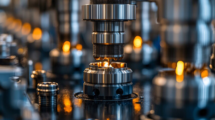 Industrial Machinery Close Up: Glowing Sparks and Metallic Components