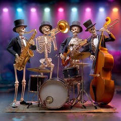 Fototapeta premium Musical Skeleton Band Playing Jazz with Fun Atmosphere and Colorful Lights in Night Club Setting