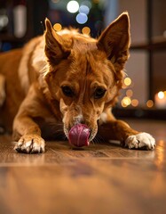 Dog licking something on floor