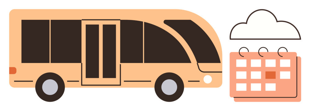 Modern bus with a calendar and cloud element representing scheduling, public transport, and planning. Ideal for commuting, travel, logistics, timetable, urban transit or punctuality concepts. Simple