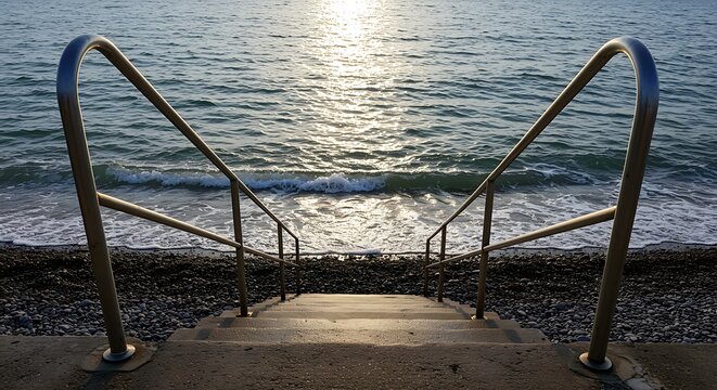 Concrete stairs with metal handrails leading to a pebble beach and ocean steps railing