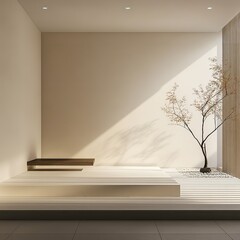 A serene interior scene featuring a small potted plant beside large windows, casting natural light and shadows on a minimalist wooden floor.