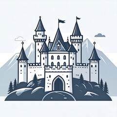 Obraz premium Majestic castle illustration set on a mountaintop, showcasing detailed architectural elements and a serene landscape.