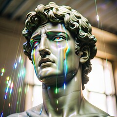 Emotional David Michelangelo Statue With Holographic Tears Reflecting Light in a Serene Gallery