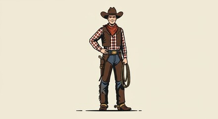 Cowboy Standing with Lasso and Western Attire Illustration