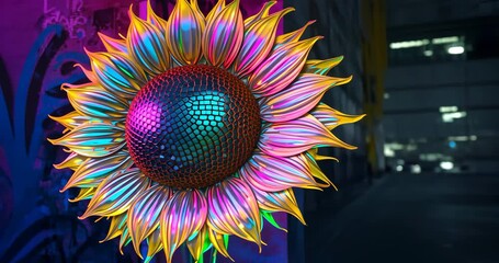 Powering LEDs causing sunflower sculpture rotating by graffiti pillar while camera panning garage - Powered by Adobe