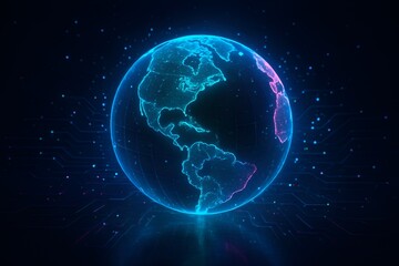 Futuristic holographic globe with glowing continents, digital particles, neon circuit lines and deep space background in vibrant blue, green and magenta for technology, AI and innovation design