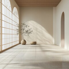 A serene interior scene featuring a small potted plant beside large windows, casting natural light and shadows on a minimalist wooden floor.