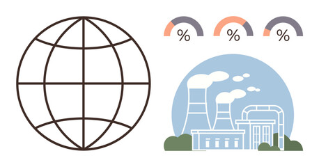 Globe grid, factory with smoke, percentage indicators emphasizing pollution, emission analysis, and sustainability. Ideal for ecology, environment, energy, climate change global issues education