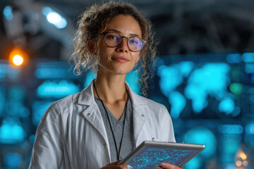 Female scientist in a white lab coat stands in a high tech laboratory, holding a tablet as blue screens glow, conveying innovation, focus, and scientific expertise.