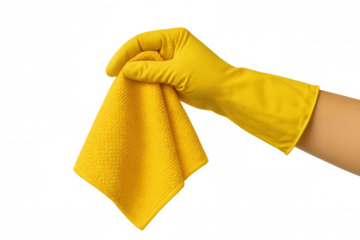 Hand with yellow glove holding yellow cleaning cloth on transparent background, ready for housework